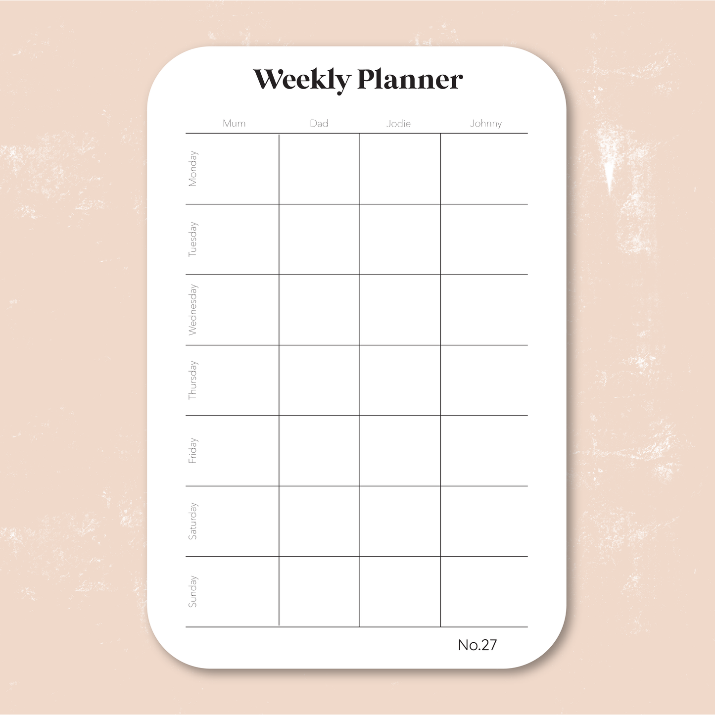 Personalised acrylic weekly activity planner mounted on a wall with reusable sections for daily schedules, meal planning and family organisation.