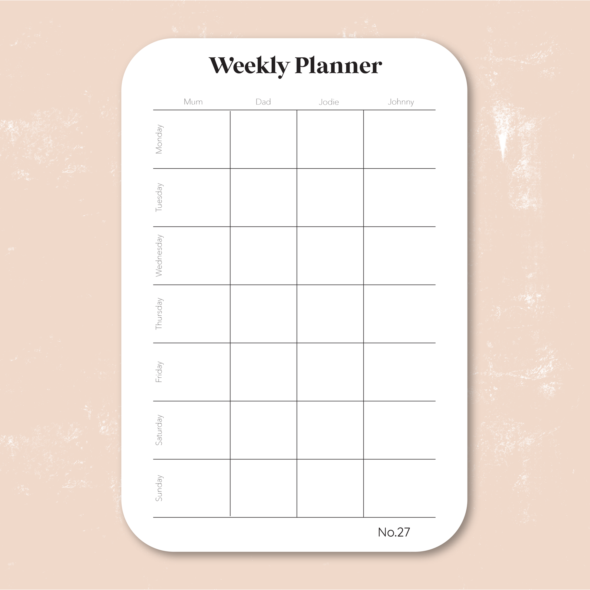 Personalised acrylic weekly activity planner mounted on a wall with reusable sections for daily schedules, meal planning and family organisation.
